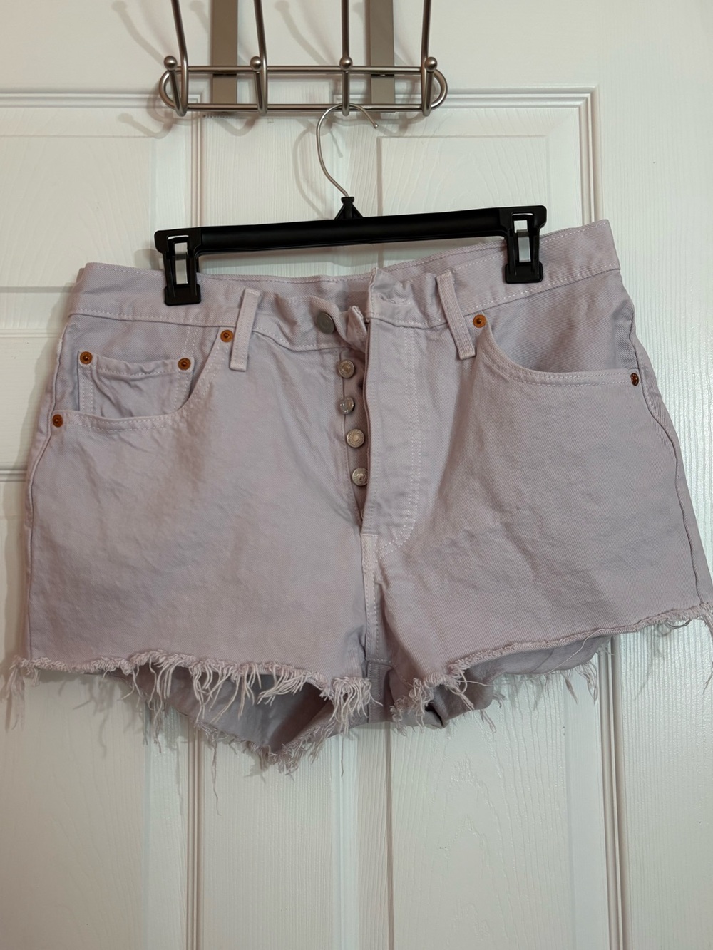 Levi's High Waisted Light Lavender Frayed Hem Jean Shorts